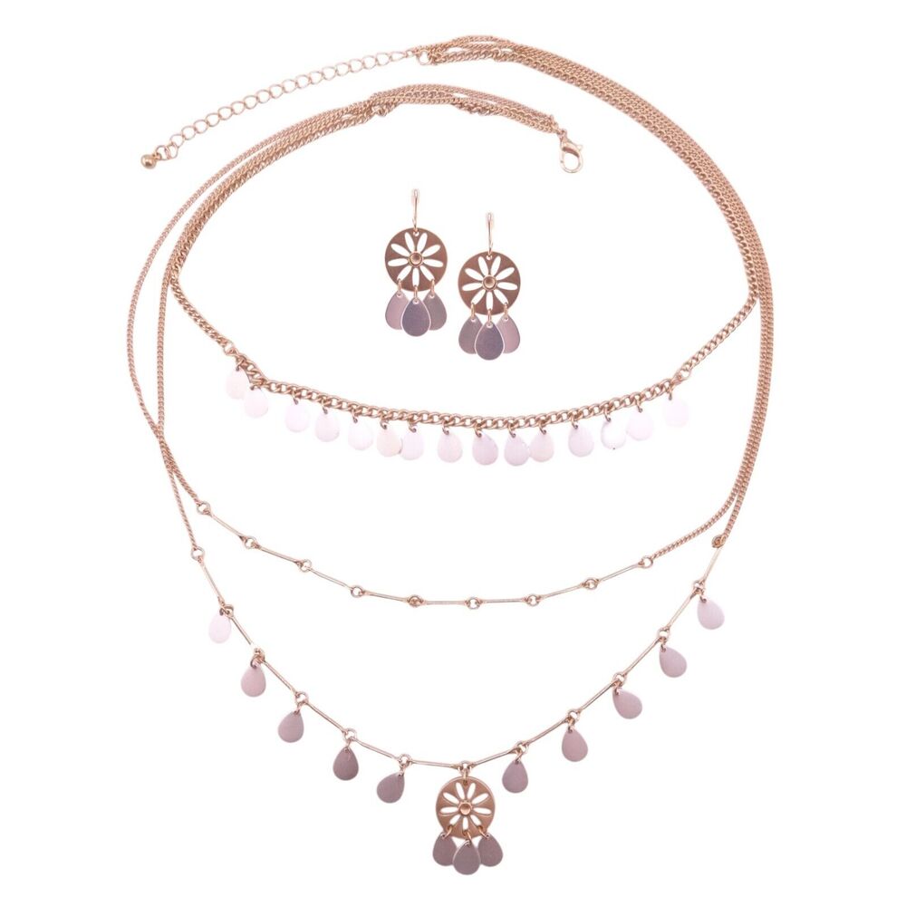 Rain Goldtone Flower Disk Silvertone Teardrop Charm Necklace & Earring Set NWT
